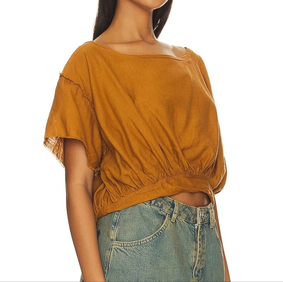 NEW Free People Spiced Pecan Tan Cloud 9 Linen Blend Bubble Tee - Picture 5 of 6